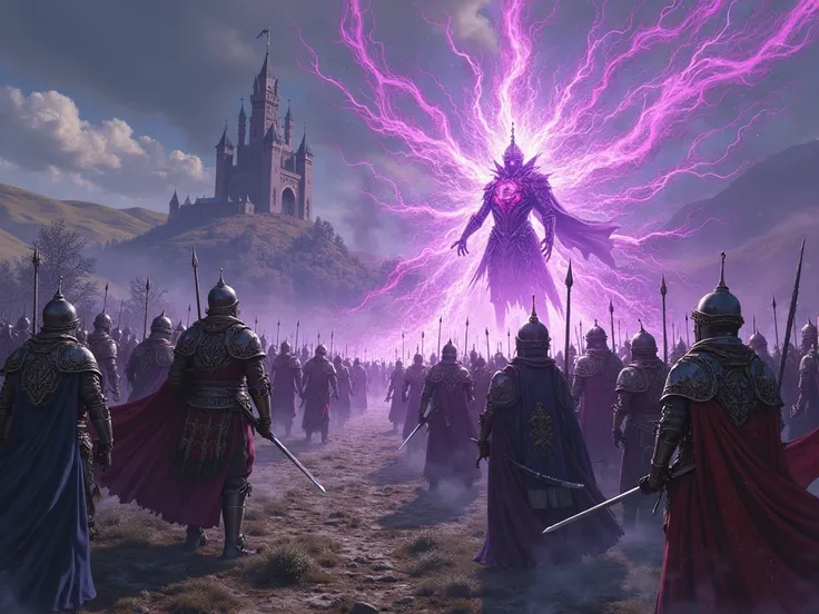 King's army fighting against army of warriors possessed with purple energy realistic medieval anime style 