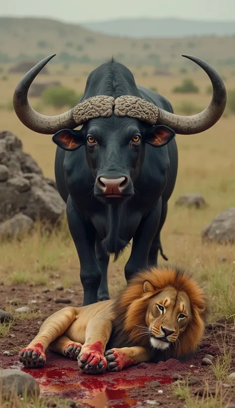 The Black Bull standing over the defeated lion, blood splattered on the ground, the lion's body lifeless. The background is a chaotic savanna with scattered grass and broken rocks. Hyper-realistic, cinematic lighting, vibrant colors, 8K resolution."