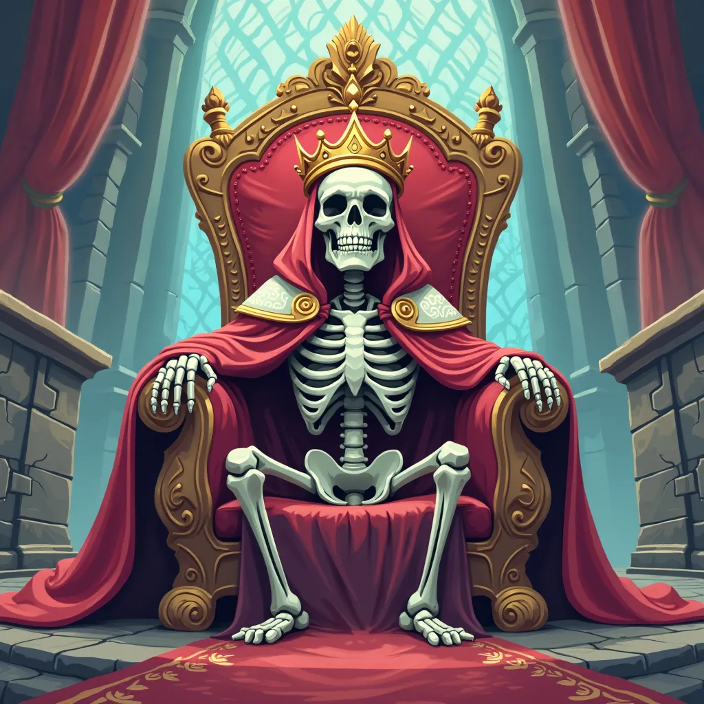 Skeleton dressed in king's costume sitting on the king's throne cartoon style
