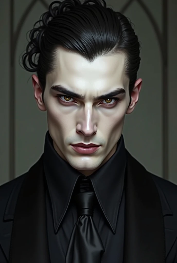 Handsome vampire man with pale skin and hazel eyes, tall black hair pulled up, wearing a black suit, his features close to the screen