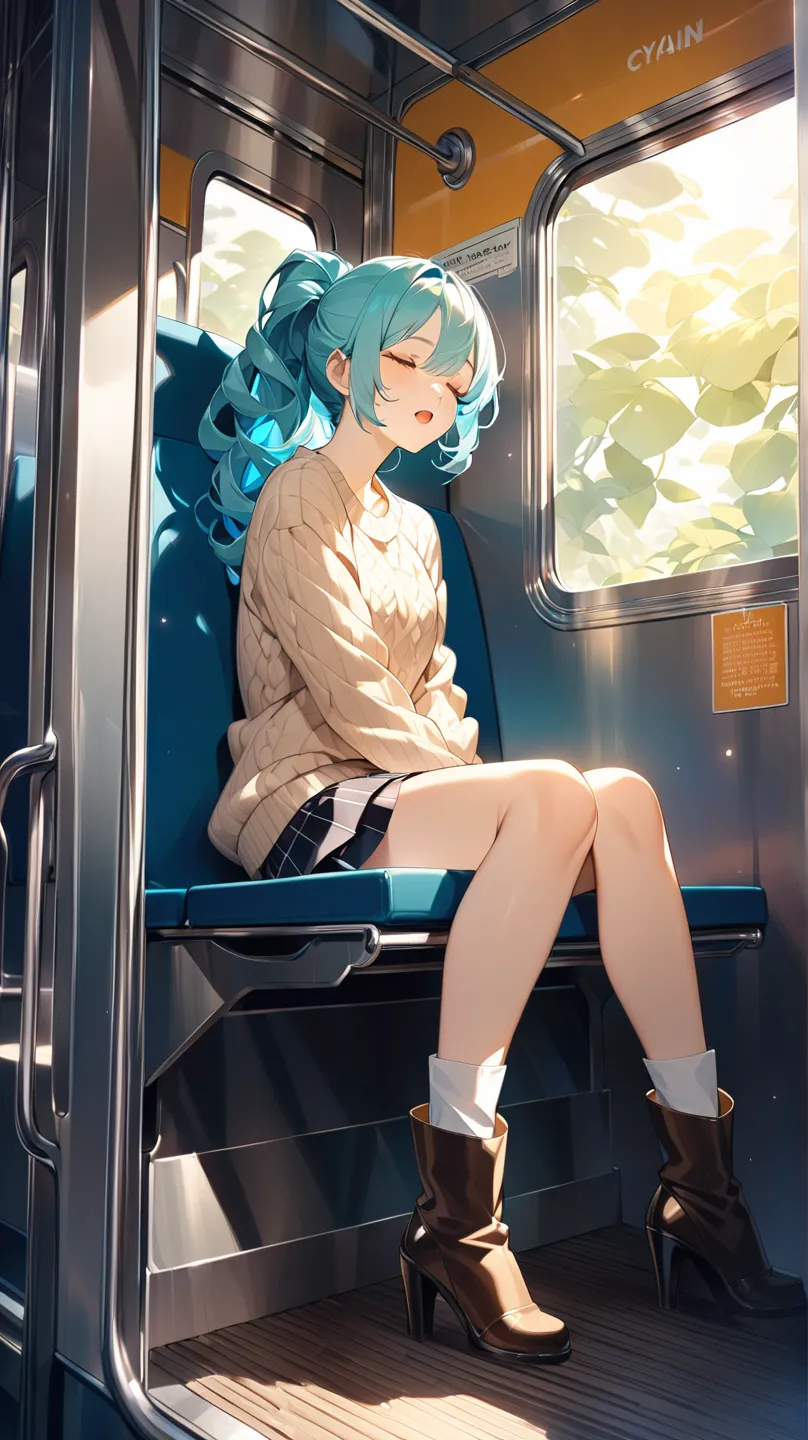  female in her 20s,, is placed in the seat like 、Cyan Hair, ponytail hairstyle, close your eyes,  open her mouth and sleep well ,., Lips with shine、slim body、The chest、Slightly larger than her standard size、I'm sitting on the long seat of the train and sle...