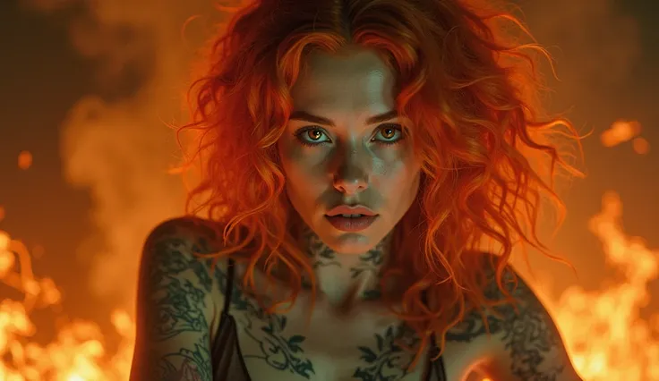 Close up close woman, orange hair, sexy com  energy verde escura negra laranja em redor dela, black orange smoke surrounding her, tattoo on arms,  energy laranha em redor dela, aura of fire gold ,  energy, real psychedelic orange background, orange fire du...