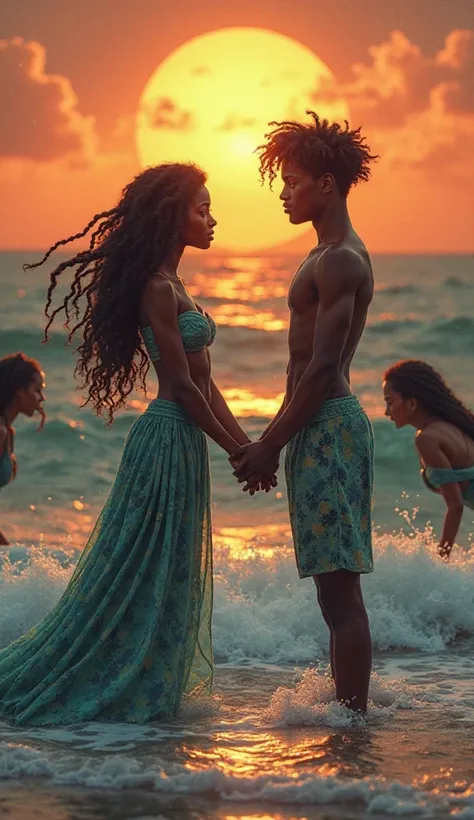 Akua stands at the edge of the ocean at sunrise, her tail beginning to transform into human legs. Her expression is bittersweet as she looks at Kofi, who extends his hand to her. Behind her, the ocean glows with magical energy, and shadowy mermaids watch f...