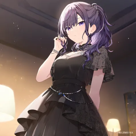 Solo,1girl, Mafuyu Asahina, Purple hair, Tied hair, Black dress, Nightcord, Project sekai(artist:mitsumi_misato),artist:fujiyama,artist:kokonoka, break,(masterpiece), (best quality), (ultra-detailed),(Detailed Lighting), very aesthetic, newest, beauty illu...