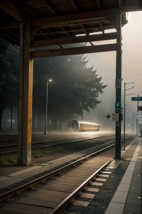  An empty train station , with old wooden benches and a huge clock hanging overhead, marking a time that doesn't make sense. The platform seems to stretch endlessly, and the train tracks disappear in a thick fog. The ground reflects slightly the station's ...