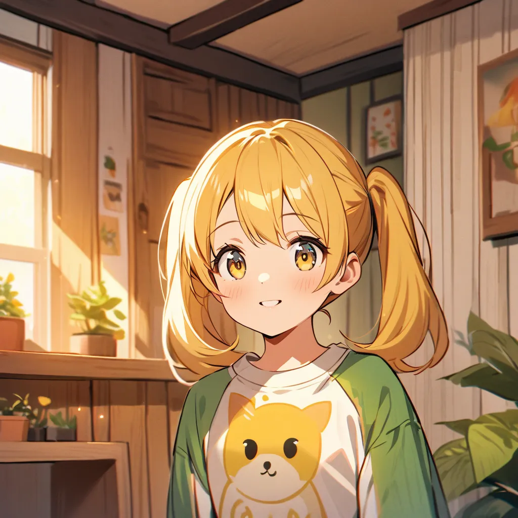 cute girl yellow hair with pigtails wearing white shirt, green sleeves, with a picture of a potted plant in the middle