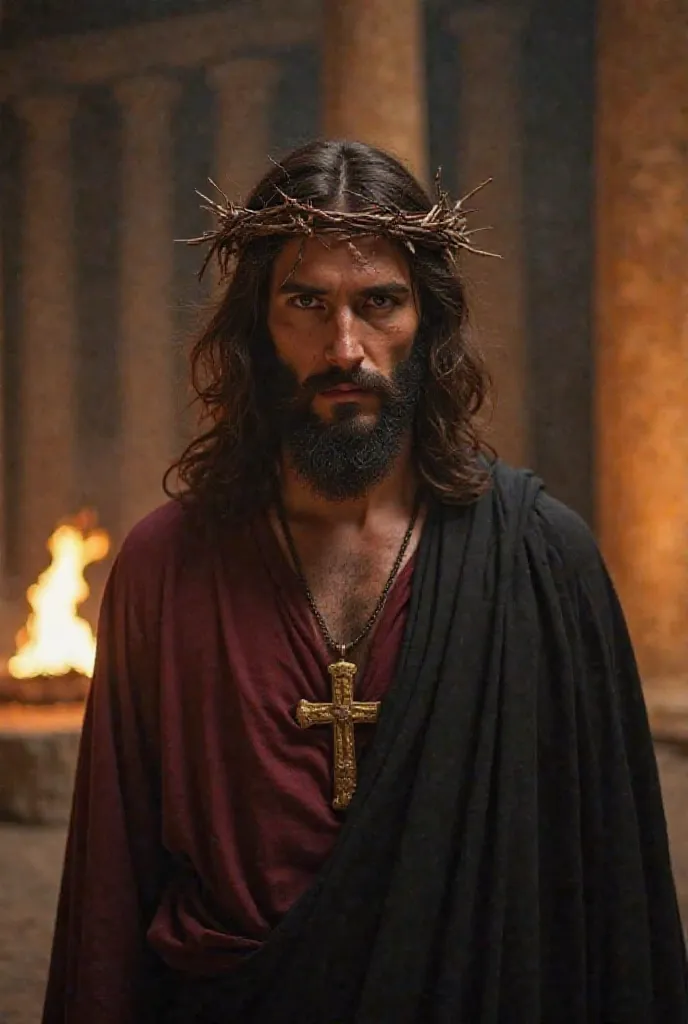 A hyper-realistic image of Jesus Christ looking directly at the camera, captured from the waist up. His posture is straight, and his expression is serious and intense, with deep, piercing eyes that convey a sense of mystery and purpose. A crown of thorns r...