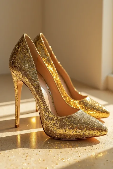 I want to create multiple pics of golden high glitter heels in which some areas are broken 
