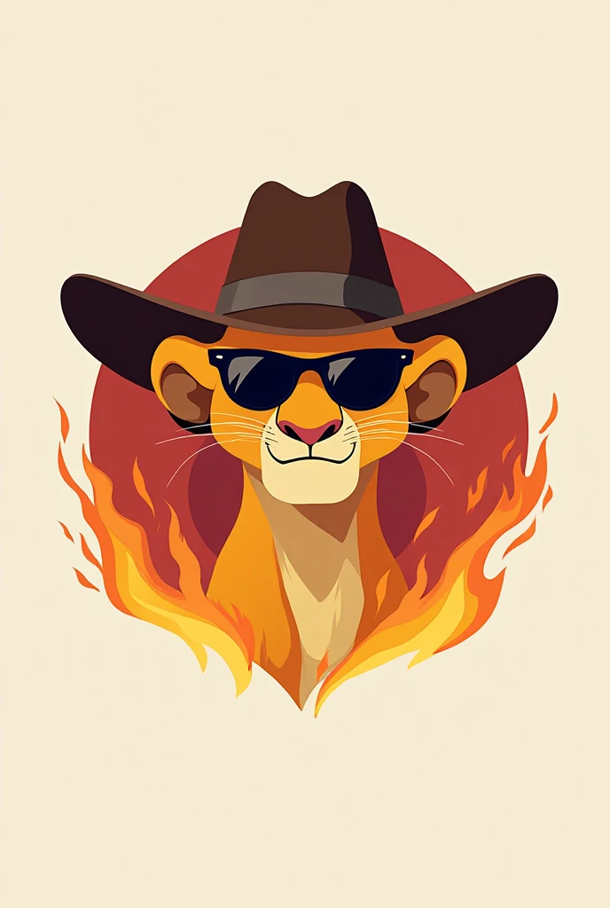 Logo linéaire avec la tête de Simba jeune avec un chapeau de cowboy brun et des lunettes de soleil noir avec en premier et dernier plan des flammes 