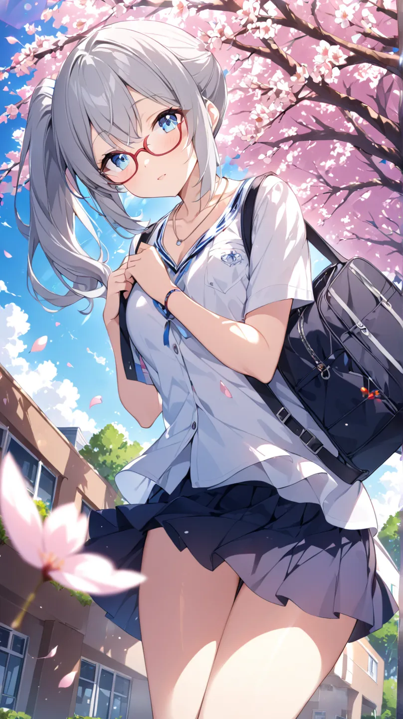 cherry blossoms、cherry blossoms吹雪、blue sky、sunlight filtering through the trees、 School Grounds 、School building、1 girl,  blue eyes, Grey Hair, side ponytail、 red rimmed glasses、necklaces、 bag、How hair flutters in the wind、Dutch angle,  lens flare, backgro...