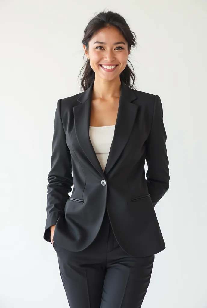 Thinking businessperson. woman wearing suit. white background with copy space. happy