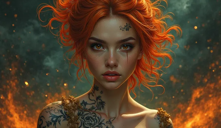 Close up close woman, orange hair, sexy com  energy verde escura negra laranja em redor dela, black orange smoke surrounding her, tattoo on arms,  energy laranha em redor dela, aura of fire gold ,  energy, real psychedelic orange background, orange fire du...