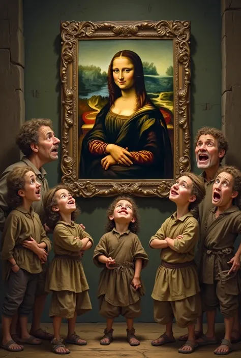 Humorous image of Renaissance-era peasants looking confused at Mona Lisa's painting