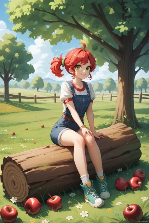 cute small tall girl. The hair is bright yellow-green. Wearing cute clothes. She is holding a ripe red apple. She is sitting on a cut log. is a field with many apple trees, and the weather is very sunny and nice.  SD character. illustrations. 심플한 illustrat...