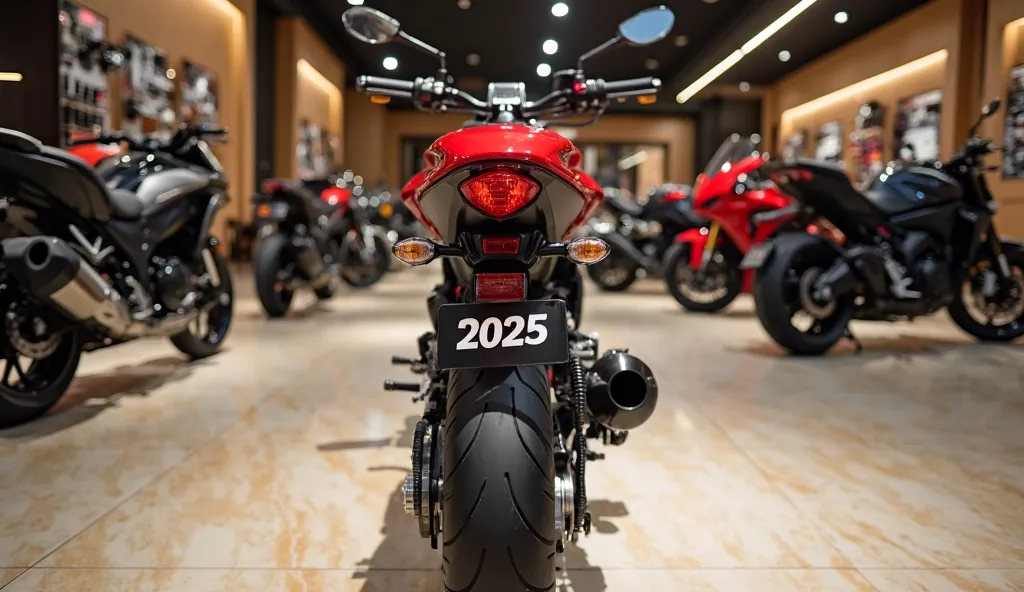 "A 2025 Honda Grom motorcycle in vibrant red, viewed from the back, showcasing the number plate with '2025 Honda' written on it. The sleek, sporty rear of the bike, including the distinct tail light and exhaust, is highlighted by the bold red color. The sh...