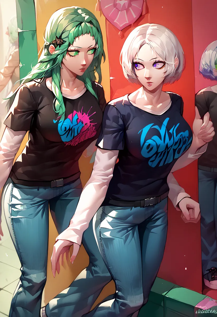 masterpiece, best quality, 2 girls, duo, black short sleeve t-shirt, layered sleeves, white long sleeves, jeans, black t-shirt over white long sleeves, large breasts, sneakers, standing side to side, BREAK, white hair, purple eyes, defEdel, BREAK, green ha...