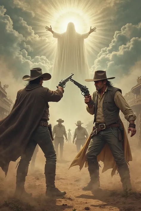 Two cowboys are shooting vampires in the front, and God is in heaven.