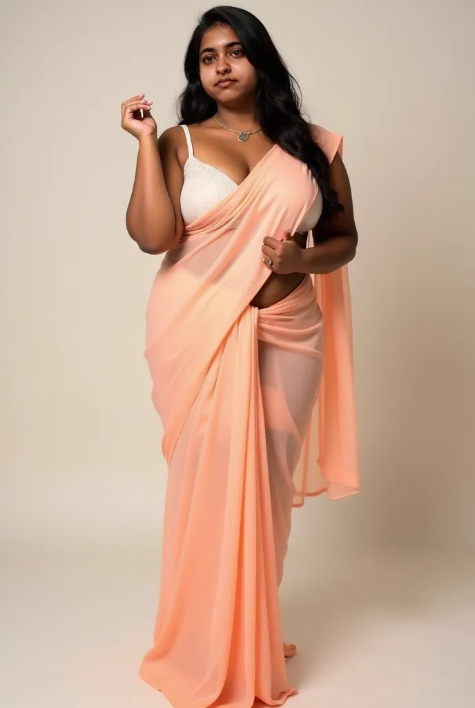 curvy big boobs indian women aged 22 years in a baby peach colour plain transparent saree, showing her navel, big boobs clevage in sleeveless transparent blouse, one hand raised up, showing her sexy arm pits, standing pose in plain background 