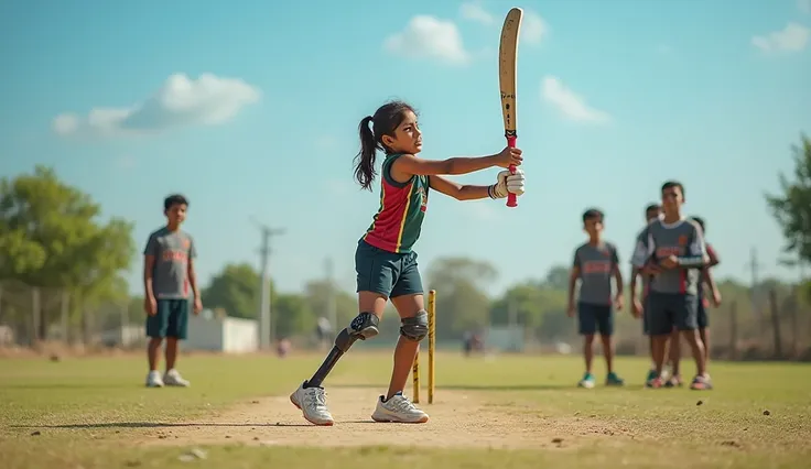 "A young Pakistani girl with a prosthetic leg playing cricket in an open field. She wears a sports jersey and track pants, swinging a bat with determination. Her teammates, a mix of boys and girls, cheer her on. The background shows a bright blue sky, gree...