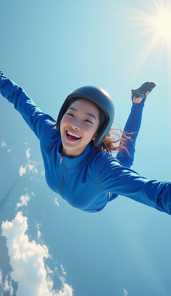  Asian pretty  woman sporting skydiving  "wingsuit Flaying " BLUE color,  smiling,happy face and wearing helmet while selfie.