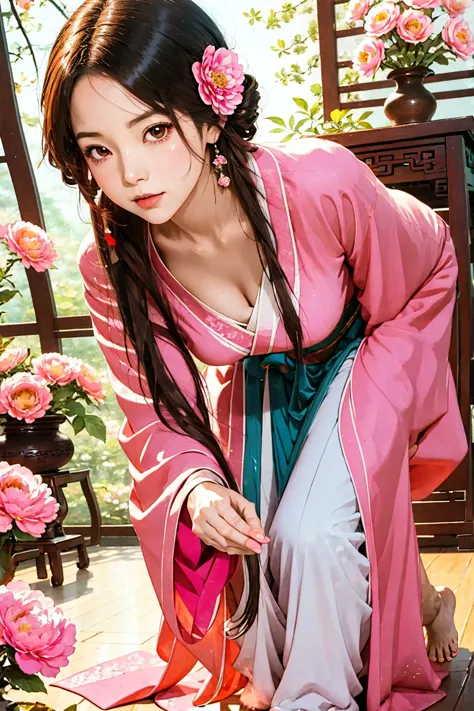 An anime girl in a pink kimono sits on a flower table filled with flowers,barefoot，  Beautiful character painting , Low angle shot
