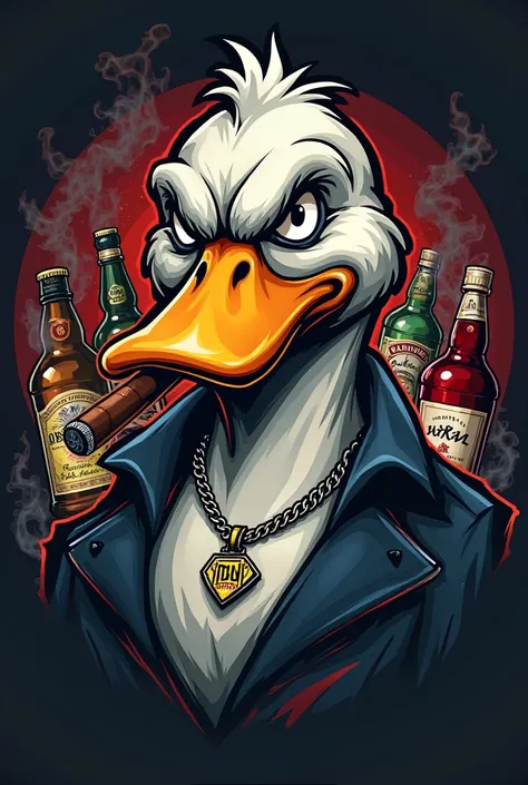 Logo for profile picture of a Gangster Duck with a cigar in its mouth, with a diamond pendant that has a charm that says DLN, And bottles of alcohol behind 