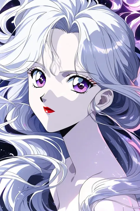 Albino, white skin, absurdly long hair, slender, violet eyes, 90s anime, ethereal beauty, naked, shimmering white hair, solo female, closeup most beautiful women in the world, red lipstick 