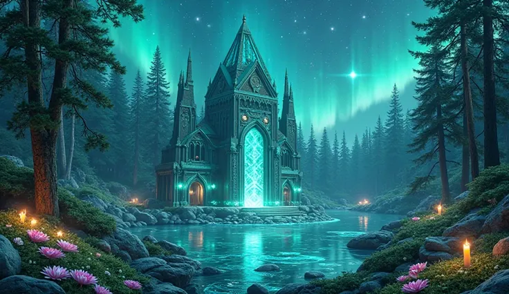 
Fantasy temple with peaked towers made of turquoise-colored glass, the temple has 3 small balls of beautiful turquoise light on the top,  at night,  clear sky con la  turquoise northern lights  de color turquesa,  3 very large turquoise roses ,  at night,...