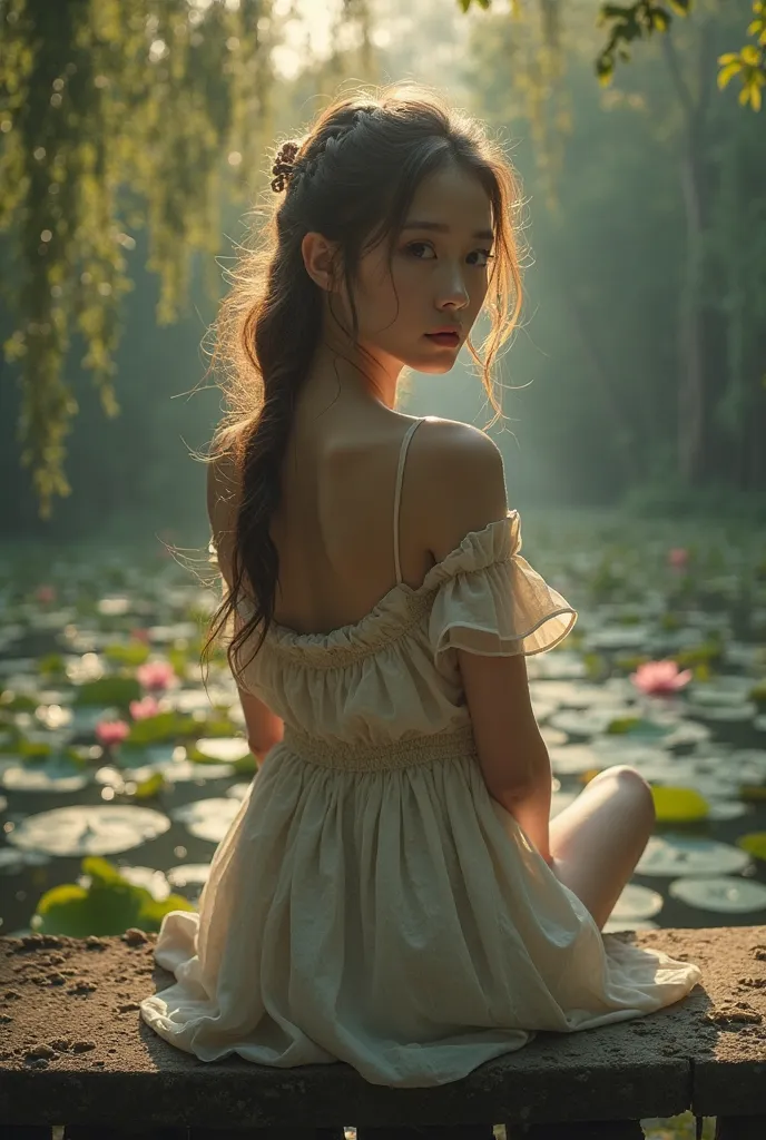 , a cinematic photo ,Hip-length photo ,skinny, beautiful girl,  very young, angled shoulders  ,complicated hairstyle ,  highly detailed texture  кожи,  sitting on the bridge over the pond ,  realistic texture  кожи,  looks right at the camera ,  looks at t...