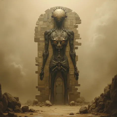 surreal and abstract sepia toned painting of a strange ancient sculpture resembling a humanoid shape made of old doors and windows, classic art, dreamy, surreal, photorealistic, magical, esoteric, occult, symbolism