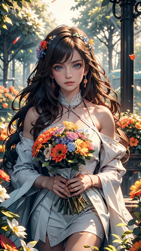 There is a woman wearing a red and white dress and holding a bouquet of flowers, Woman in flowers, I'm picking flowers ,  holding flowers, Picking flowers, Girl standing in a flower field, Girl standing in a flower field, flowers blooming on the heir's che...