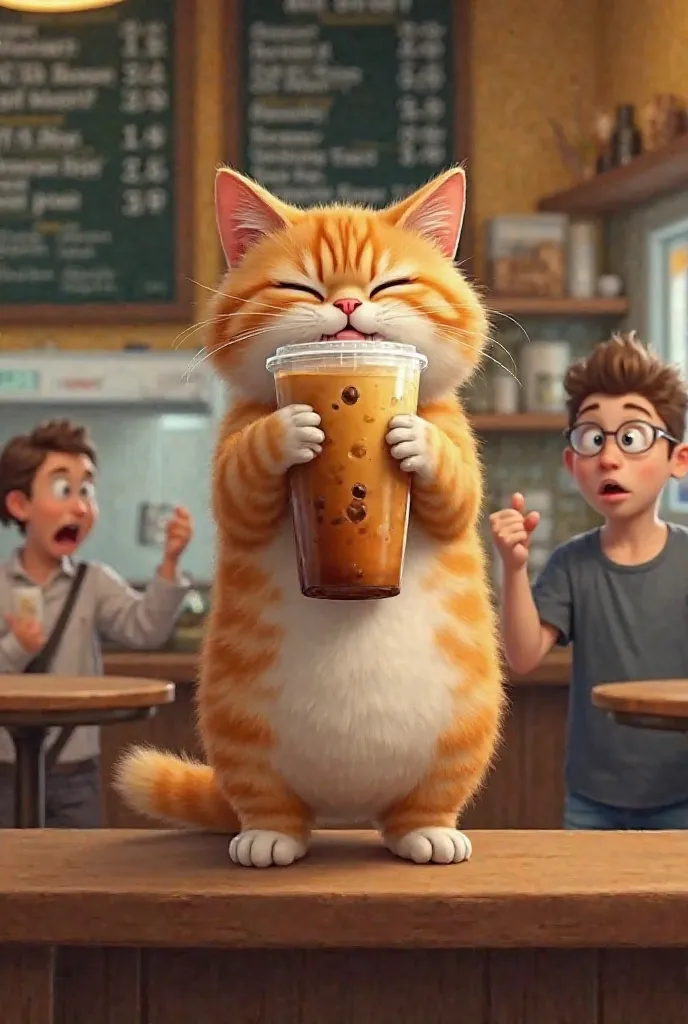 Prompt:
A chubby orange tabby cat stands on a café counter, gripping a large cup of bubble tea with both paws. The café has warm lighting, wooden furniture, and a menu board in the background. A barista behind the counter looks shocked, raising their hands...