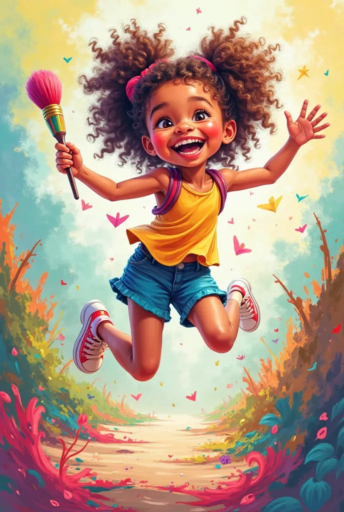 generate image of girl with brush in in hands and jump and smile with color layers have joyful face and colors in shirt and have llegs beautiful and attractive for s coloring app