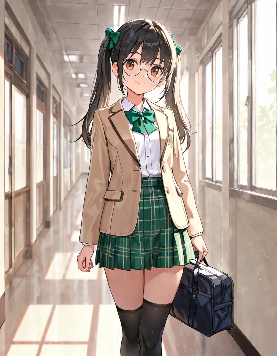 Hd, masterpiece, best quality, highres,2d, anime, solo, alone, 1girl, cute girl, short body, flat breasts, black hair,brown eyes, long hair, ponytails, hair bow, fullbody, wearing white collared shirt, green bowtie, light brown blazer, opened jacket, green...