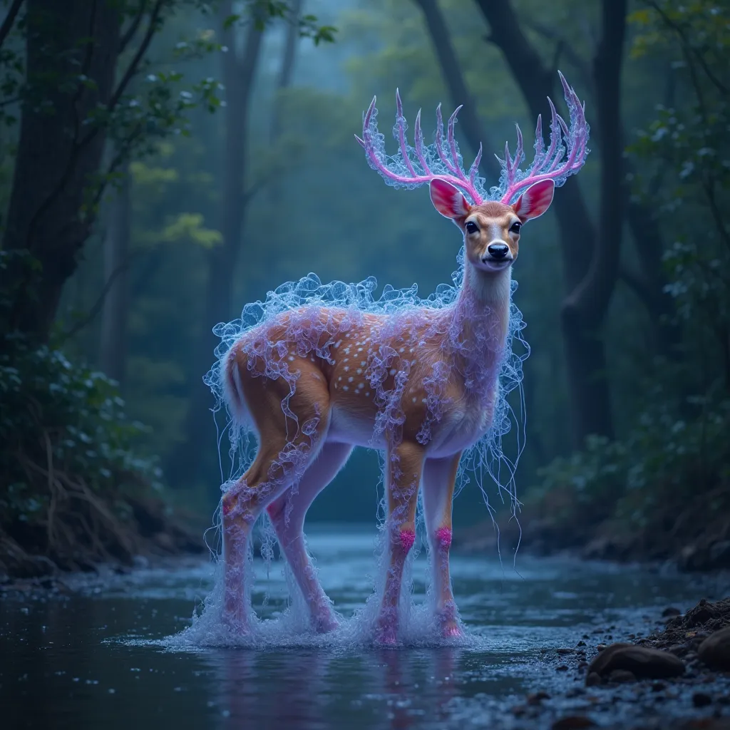 The fawn’s body remains soft and gentle, but now it has ethereal, glowing jellyfish tentacles extending from its back and head. The tentacles shimmer with bioluminescent colors, like blue and purple. Its antlers are also slightly translucent, resembling je...