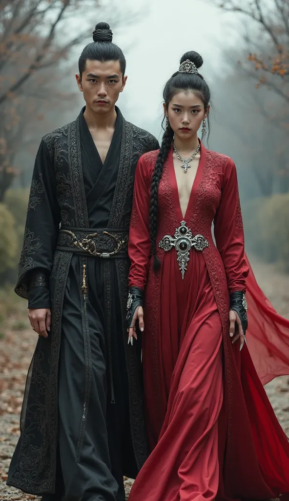 "Depict a stunningly beautiful Korean couple, Ji-Hoon and Soo-Young, as the most feared and ruthless villains in the land. They should be walking straight towards the viewer, their eyes fixed menacingly on the horizon. Ji-Hoon, the male villain, should be ...