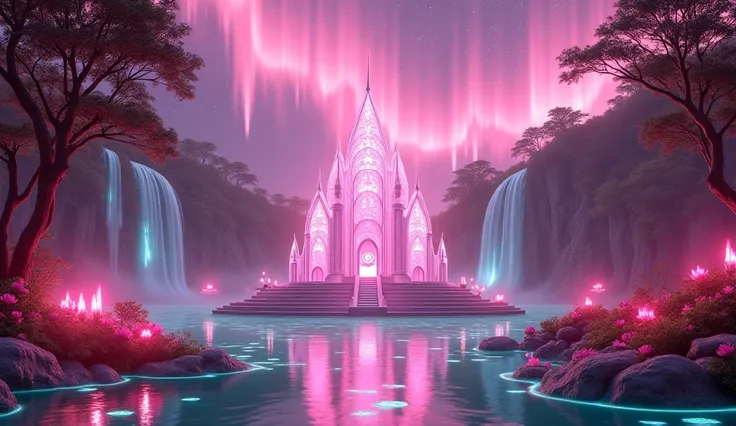 Fantasy temple with peaked towers made of pink light colored glass ,  the temple has 3 small balls of precious pink light on the top,  at night,  clear sky con la  pink aurora borealis  de color rosa,  3 very large pink roses ,  at night, 7 fluorescent pin...