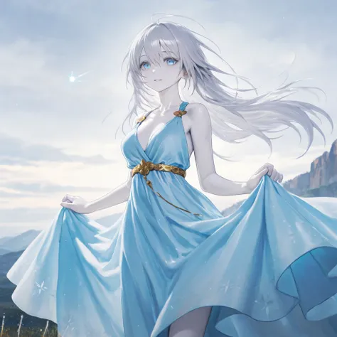 A beautiful girl with pale white skin and long silver hair that floats gently as if carried by the wind. Her eyes are a shimmering light blue, resembling the sky. She wears a delicate, pale blue gown with an elegant design, adorned with glowing wind symbol...