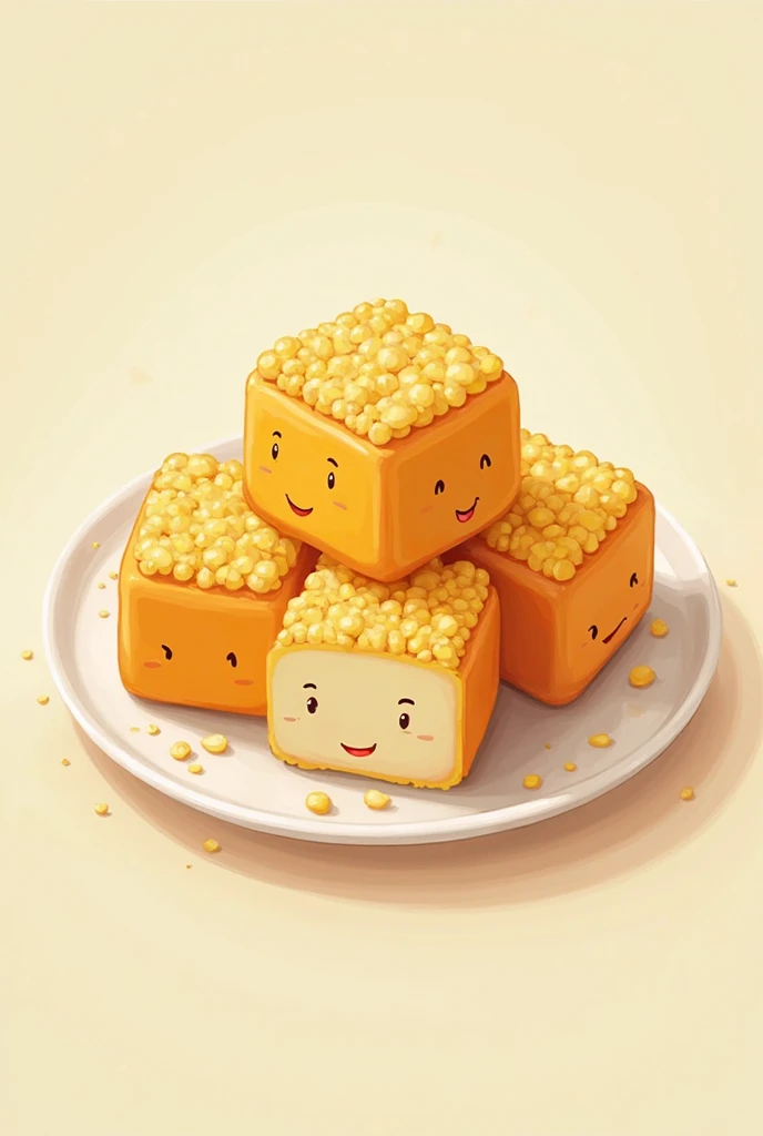 golden mini tofu square coated with golden bread crumbs and golden mini tofu balls coated with golden bread crumbs on a plate (make it cartoon version for my logo)