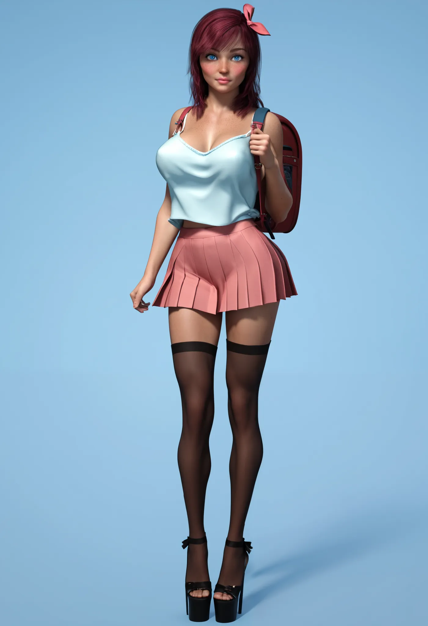  sun tan, big breasts, wide hips, hourglass figure, big booty, bubbly butt, (smooth long legs, sheer thigh highs with ribbon:1.2), loose-fitting sheer camisole with spaghetti straps and deep v neck, pleated skirt, platform heels, backpack, blush, cute girl...