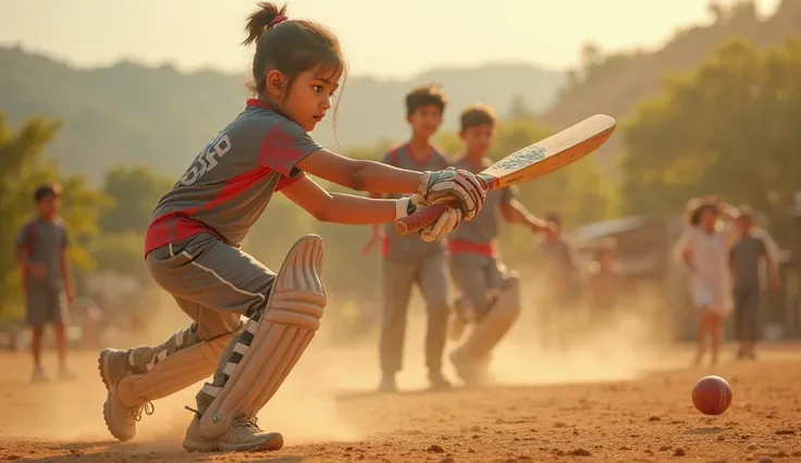 "A young Pakistani girl with a disability, wearing a sporty cricket jersey and track pants, confidently playing cricket on a dusty, sunlit field. She has a determined expression as she swings the bat with precision, her teammates—both boys and girls—cheeri...