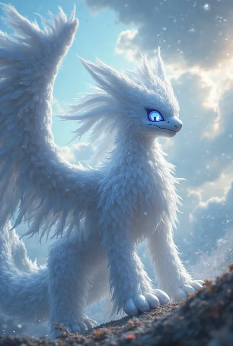 "A highly detailed, ultra-realistic rendering of Reshiram, the legendary Pokémon. Its white, feathery body appears soft yet powerful, with each individual feather visible under dramatic lighting. Its piercing blue eyes glow with an intense, mystical energy...