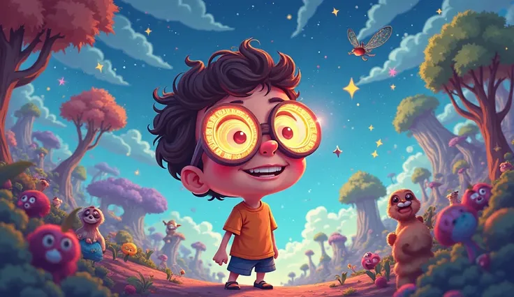 "A fun and colorful cartoon-style illustration featuring a curious  wearing a strange, magical pair of glasses. The oversized glasses have swirling, glowing lenses reflecting a fantastical world full of surprises. Through the lenses, amazing and unexpected...