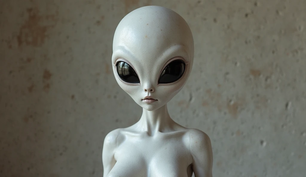 I want you to make a beautiful "alien" that looks like a gray alien, with pale white skin, the color that matches the color of a boiled white egg, and almond-shaped, black eyes, with a big butt and big tits, her body futanar and voluptuous and curvy and st...