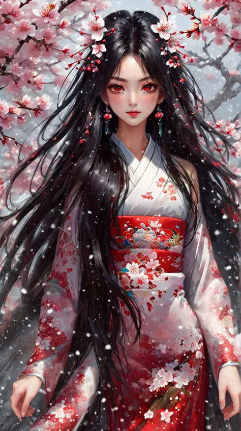  One girl ,  black hair,  red eyes,  very long hair,  high res, accurate,  top quality ,  High Details,  crystal earrings , Overlooking,  abstract , jewelry
1 girl, 　facing the front　 realistic photo images　Background cherry blossom snowstorm　Kabuki costum...