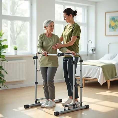 A physiotherapist wearing an olive green T-shirt assists an elderly woman as she performs balance exercises using a walking trainer. The woman grips the padded handles of the trainer while the therapist stands beside her, gently supporting her back and adj...