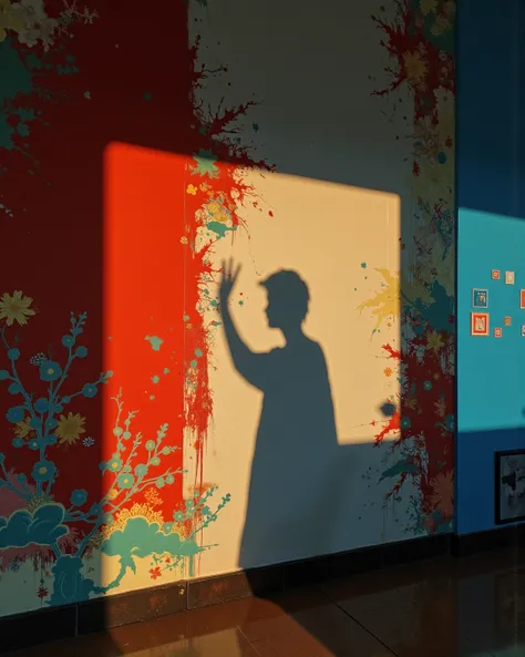 A Shadow on the Wall, Geometric shadows , contrast between colors and shadows,  abstract painting, distorted silhouettes on the wall, colorful,  Modern Art , Visual tricks, Mysterious Light, Simple and bold,  Art Galleries