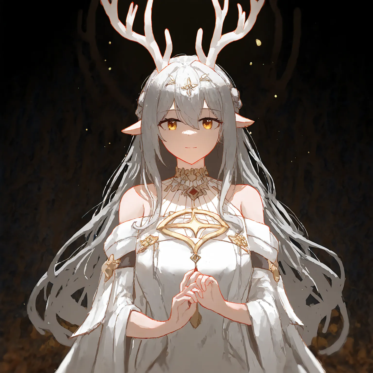 long gray hair,  secret two-tone, Golden eyes, white deer antler, Human female , formal oriental clothes,  black background