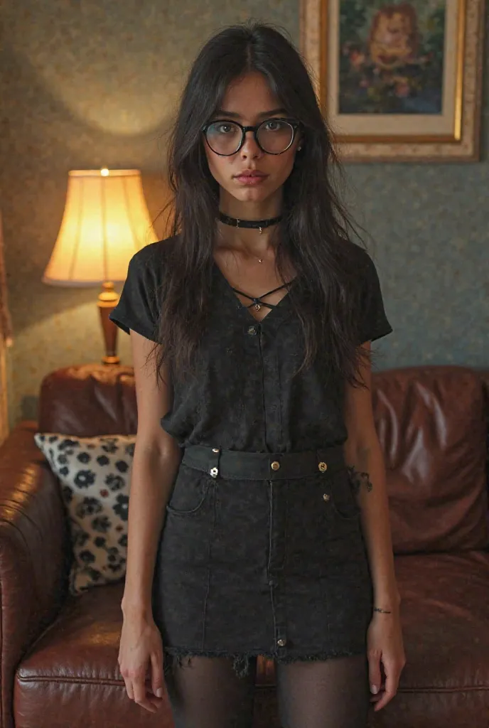 Very geeky 17-year-old Spanish girl, un poco regordeta y Ugly faced image . Casual and street dress.  Hyperrealistic full-body photo . Sexy country boots. black tights. shirt very short skirt. The school weirdo. Nerd Glasses. Foto híperrealista de cuerpo e...