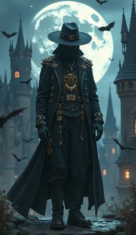 Steampunk. Hyperrealism. The character wears a long, dark coat with intricate detailing, a wide-brimmed hat, and leather boots. The face is partially hidden by the shadow of the hat. against the backdrop of a Gothic castle, surrounded by dynamic lighting, ...